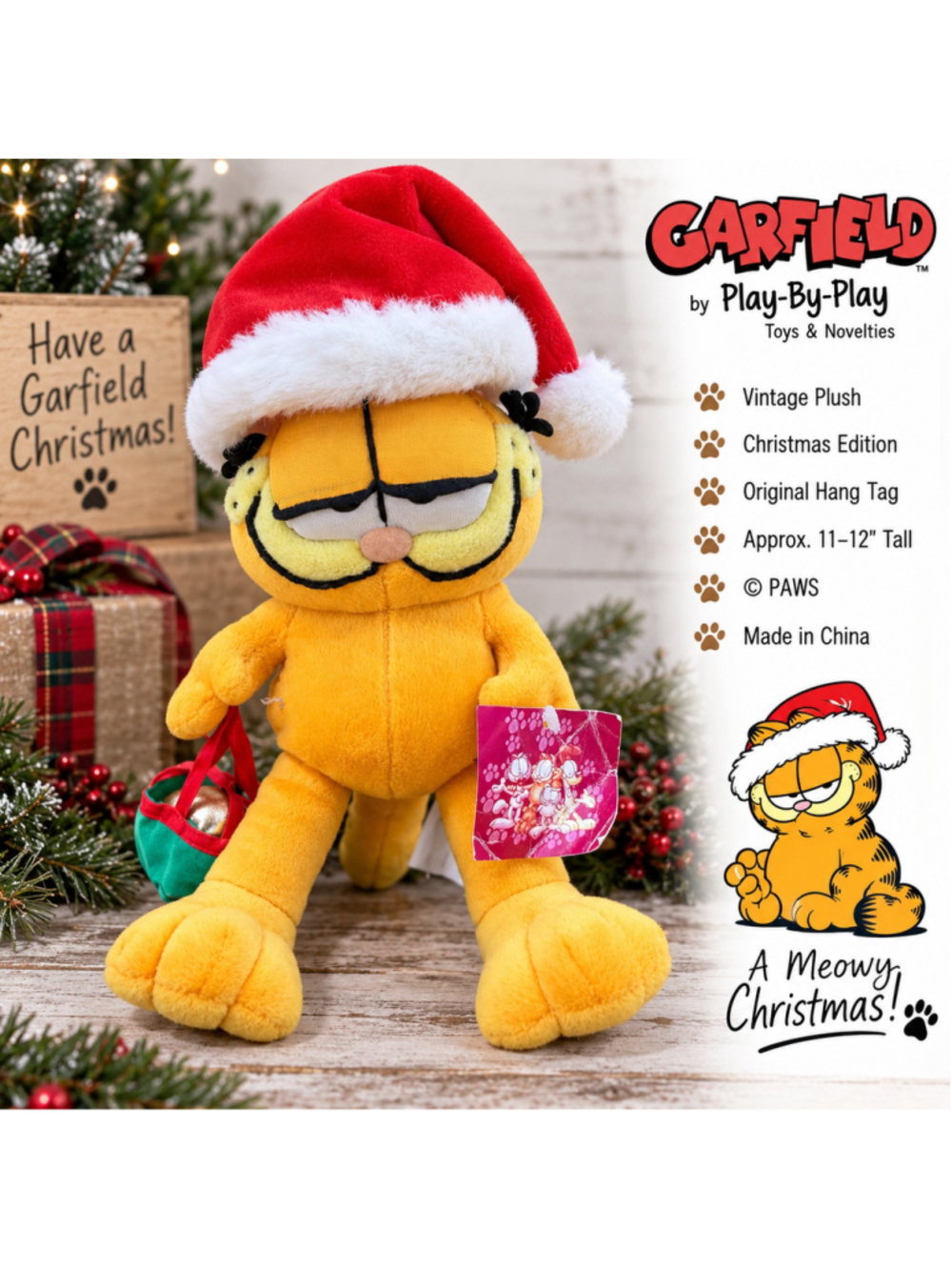 Vintage Garfield Christmas Santa Plush Play By Play PAWS 11" w/ Tags Gift Bag